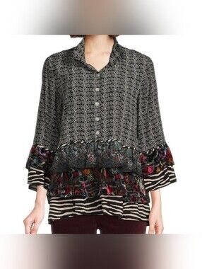 John Mark Womens Top L Black White Layered Tier Ruffles 3/4 Bell Sleeve Boho